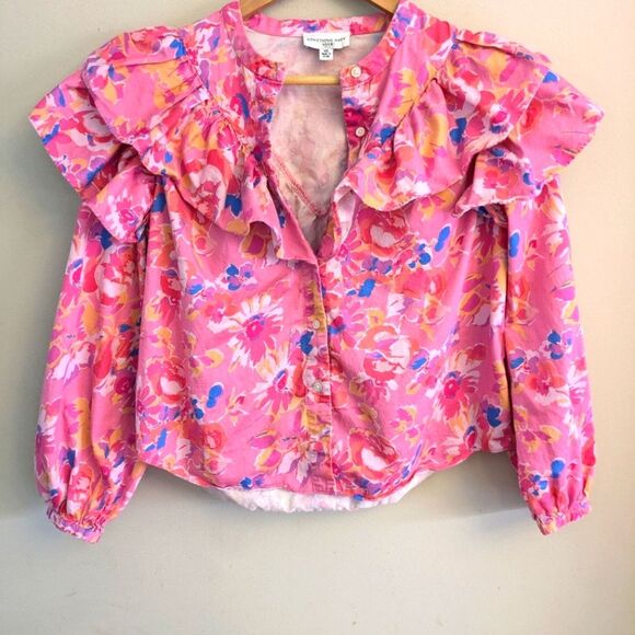 Something Navy Floral Ruffle Blouse Size XS Pink - Picture 4 of 6